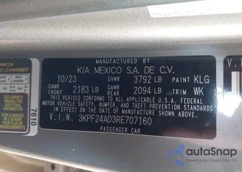 2024 Kia Forte Lxs из США, поврежденный, VIN 3KPF24AD3RE707160